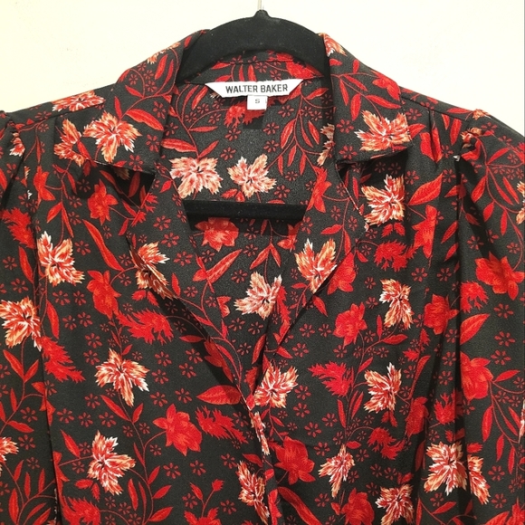 Walter Baker Darla Floral Notch Lapel Bodysuit Red Long Sleeve Top Blouse s - Picture 6 of 11